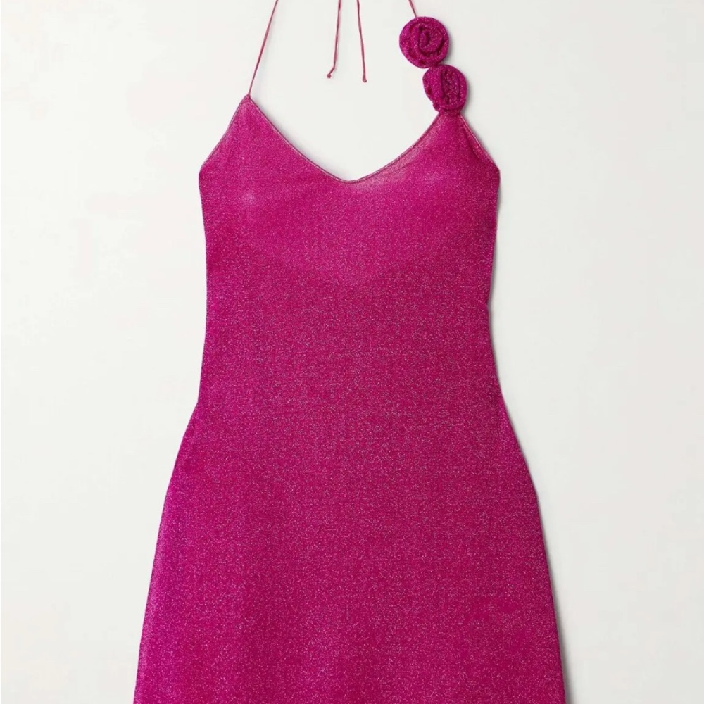 Oseree Lumiere Appliquéd Metallic Halterneck Mini Dress - Fuschia